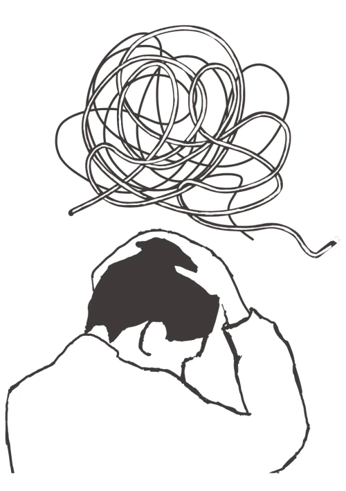 Hand-drawn black and white illustration of a person with their head in their hands beneath a large tangle - the Maxwell Minds motif for feeling overwhelmed by medication decisions