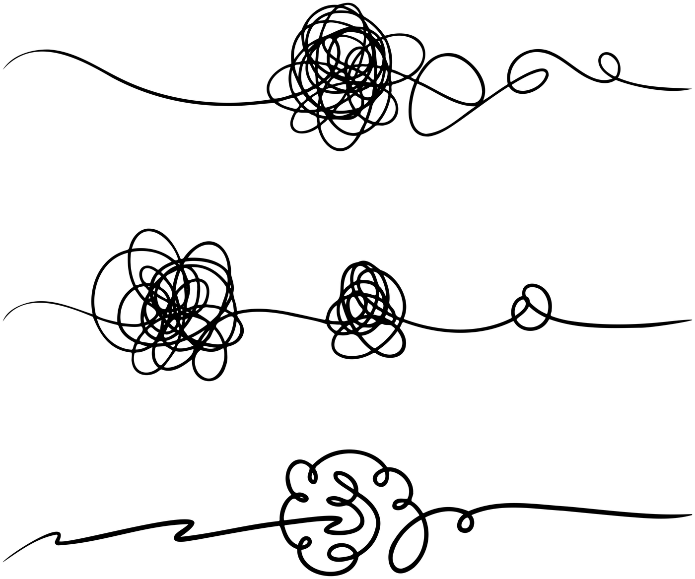Hand-drawn black and white line illustration of three tangled knots along flowing lines, representing the confusion of complex medication decisions